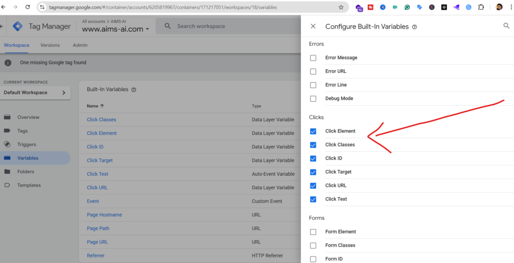 config google tag manager variables clicks